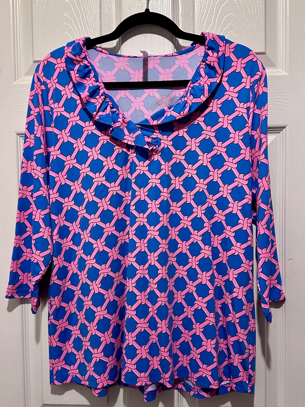 Lulu B Ruffle Neck Chain Print 3/4 Sleeve Tunic Top Blue Pink XL